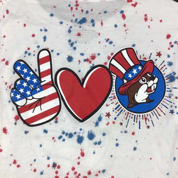Buc-ee's 4th of July Paint Splatter T-Shirt Red White Blue Patriotic Size Small - Picture 4 of 5